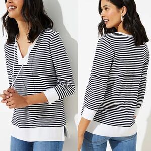 Loft Stripe Tasseled Tie Neck Tunic Blue and White Striped Sweater Size Medium